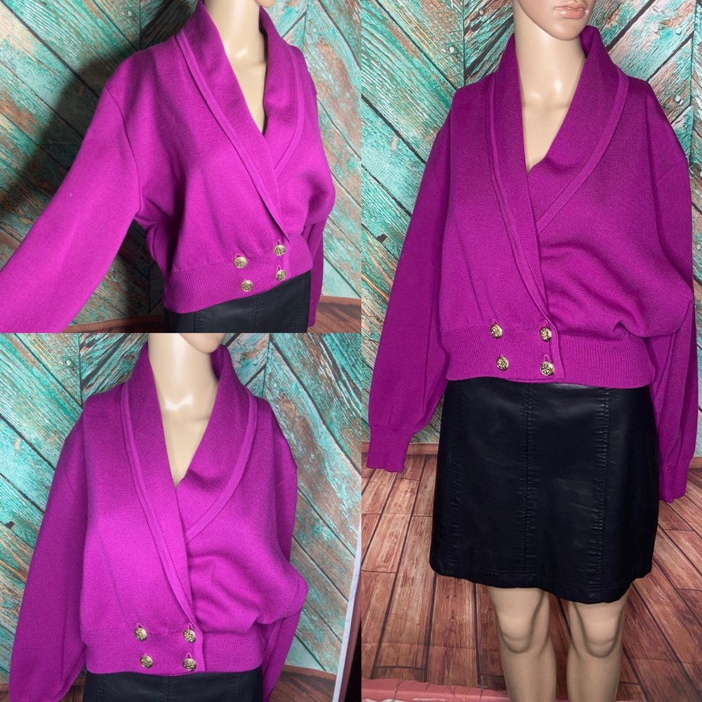 Vintage Jaeger 100% Wool Fuchsia Double Breasted Cardigan